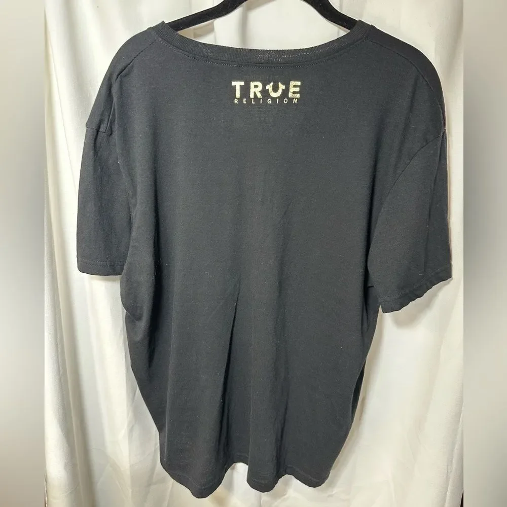 True Religion T-Shirt Gold Horseshoe Logo Black Short Sleeve Tee, Men's Large